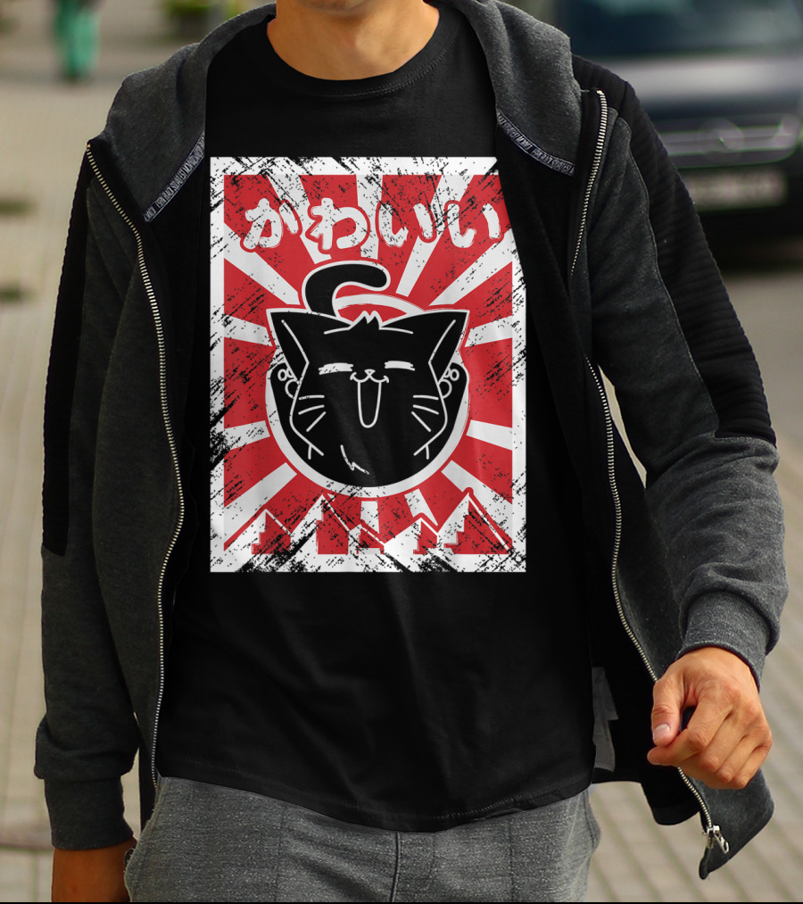 Kawaii Anime Cute Japanese Cat With Red Rising Sun Background T-Shirt