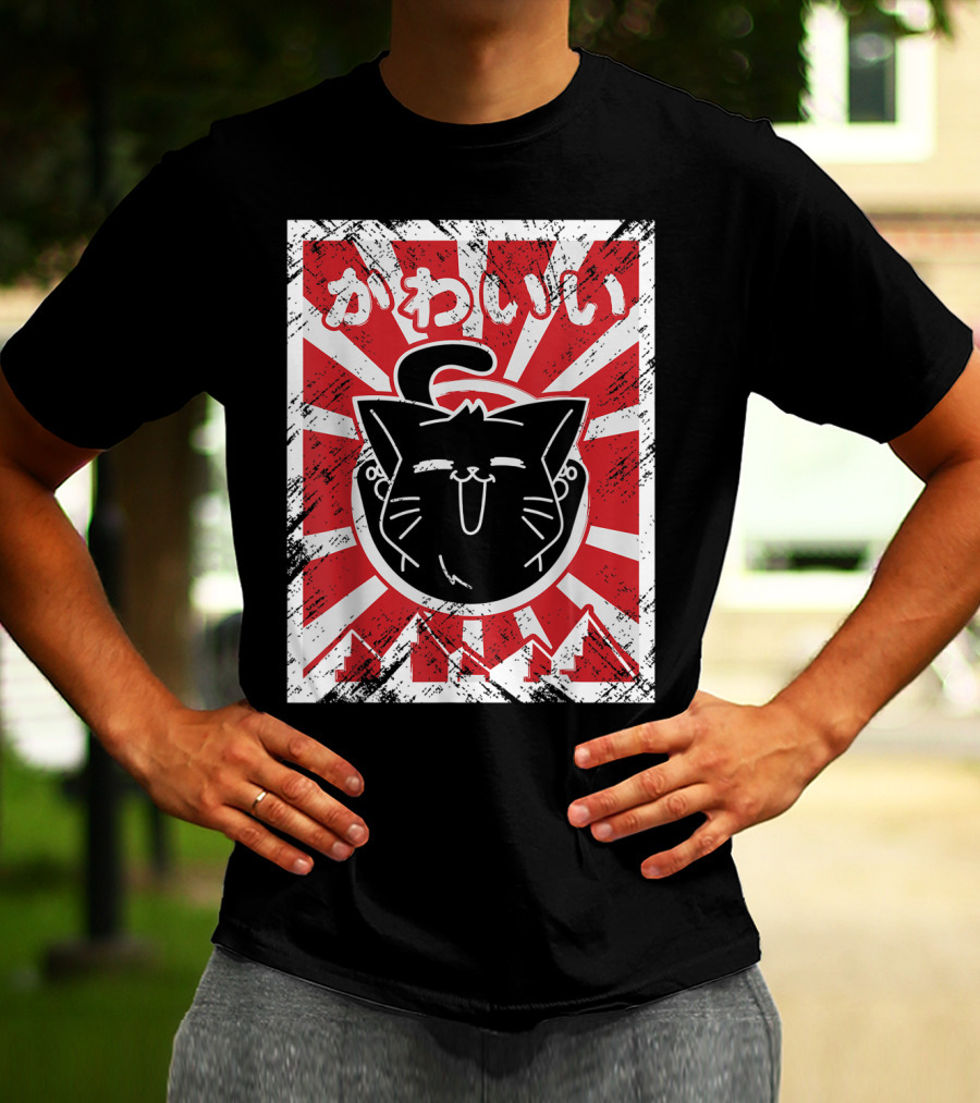 Kawaii Anime Cute Japanese Cat With Red Rising Sun Background T-Shirt
