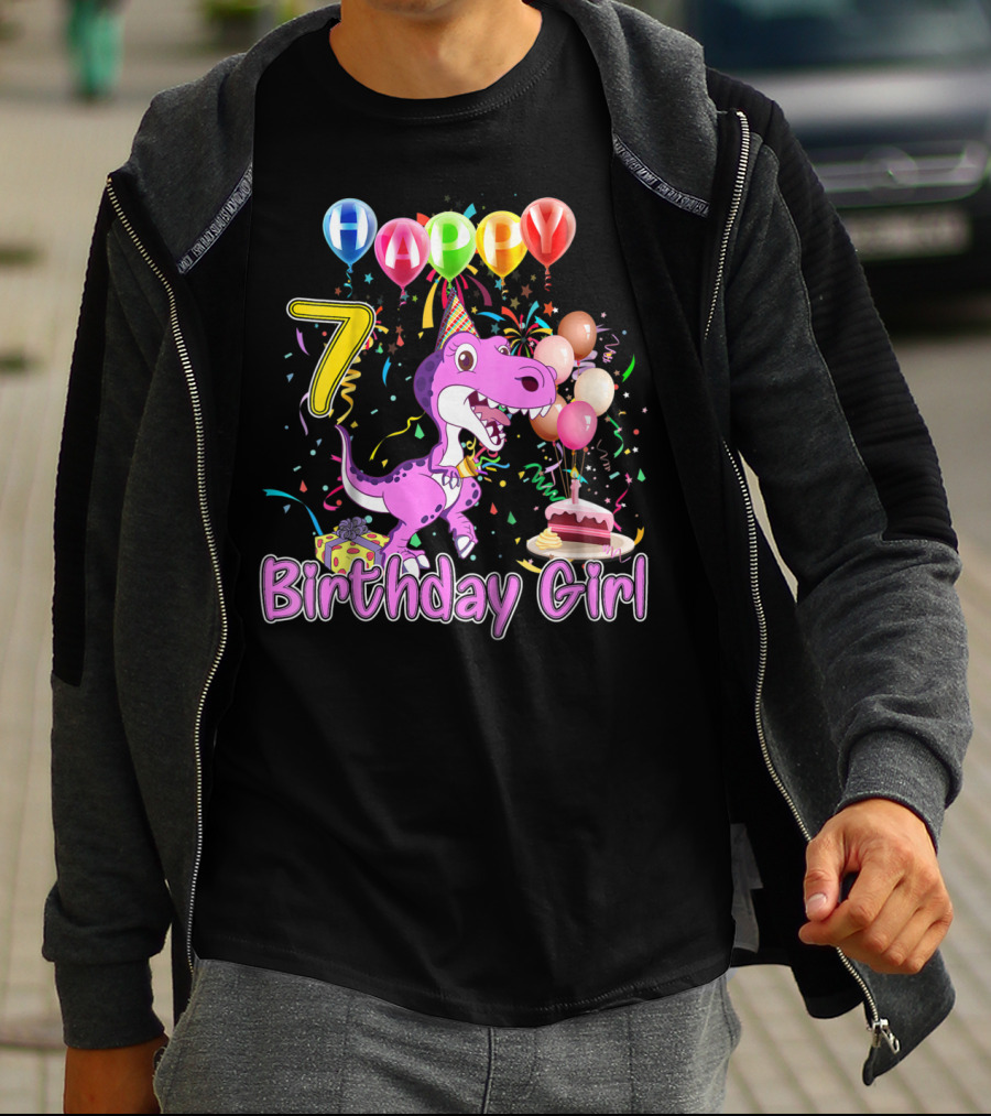 Happy 7 Birthday Girl Dinosaur Party Balloons Cake T-Shirt
