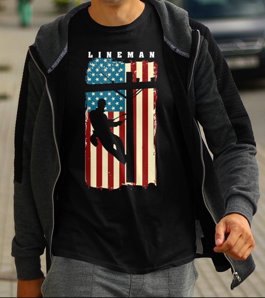 Lineman Silhouette Against American Flag Background With Electric Cable Pole T-Shirt