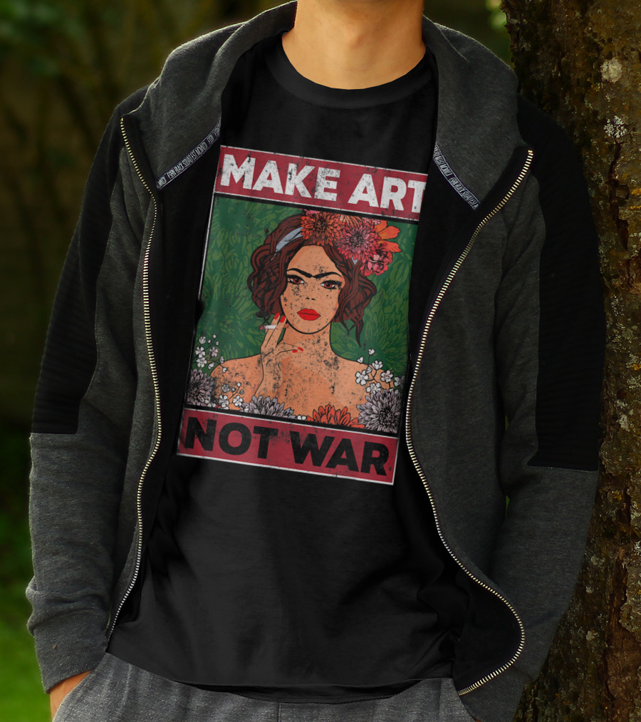 MAKE ART NOT WAR Floral Portrait With Woman And Flowers T-Shirt