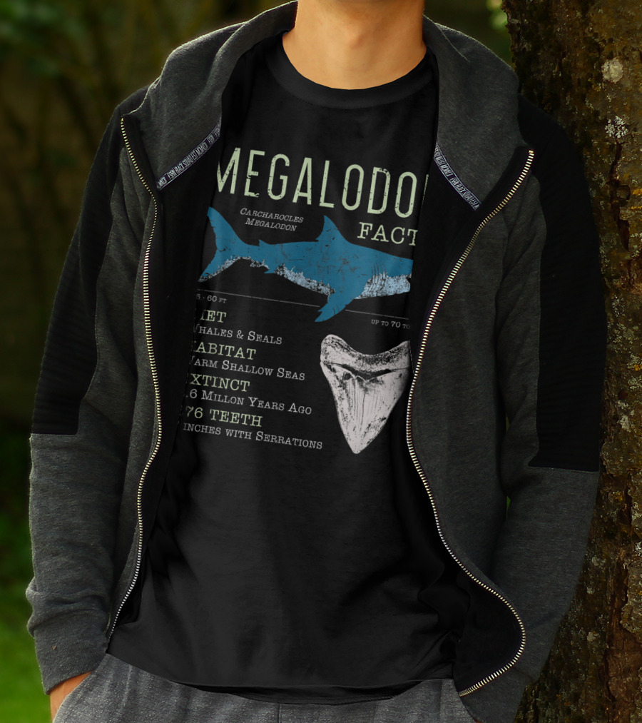 Megalodon Facts Funny Shark Lover Carcharocles Megalodon Diet Habitat Extinct 276 Teeth T-Shirt