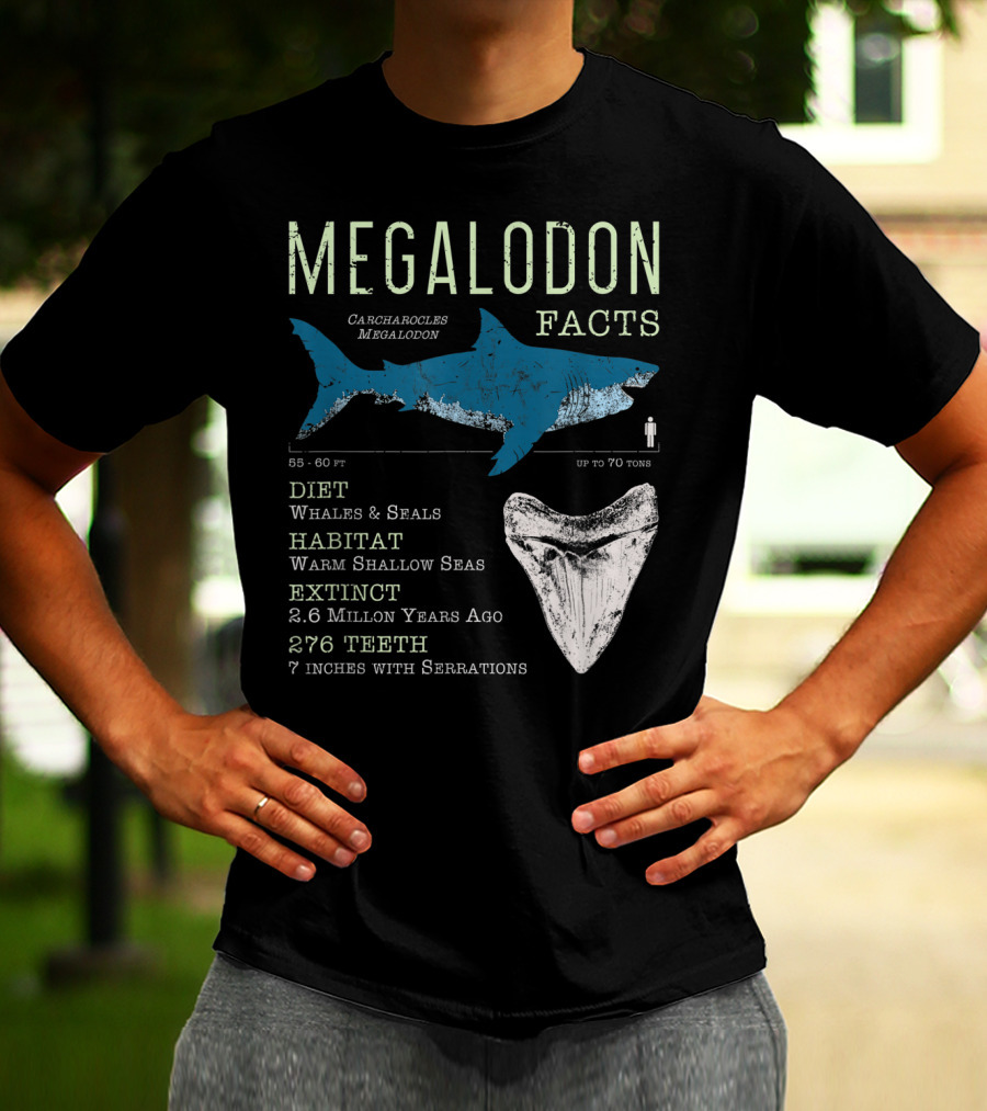 Megalodon Facts Funny Shark Lover Carcharocles Megalodon Diet Habitat Extinct 276 Teeth T-Shirt