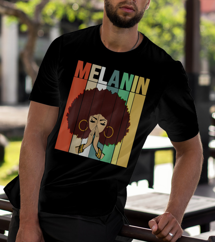 Melanin Vintage Black Afro Woman Prayer Hands Golden Hoop Earrings T-Shirt