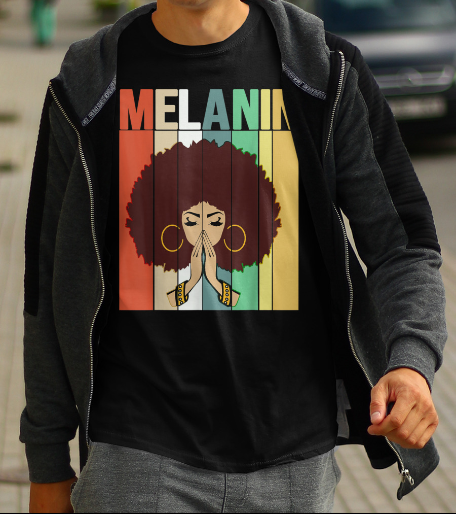 Melanin Vintage Black Afro Woman Prayer Hands Golden Hoop Earrings T-Shirt