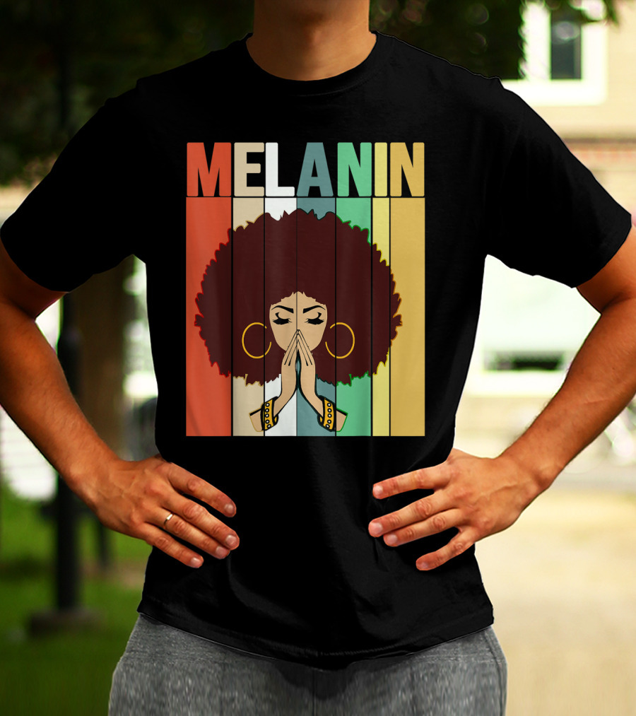 Melanin Vintage Black Afro Woman Prayer Hands Golden Hoop Earrings T-Shirt