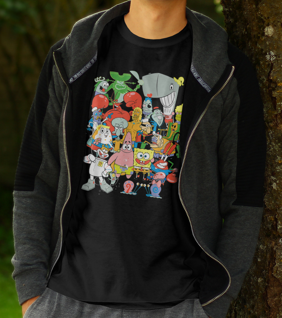 SpongeBob SquarePants Character Collage Featuring Patrick, Squidward, Sandy, Mr. Krabs, Plankton, And More T-Shirt