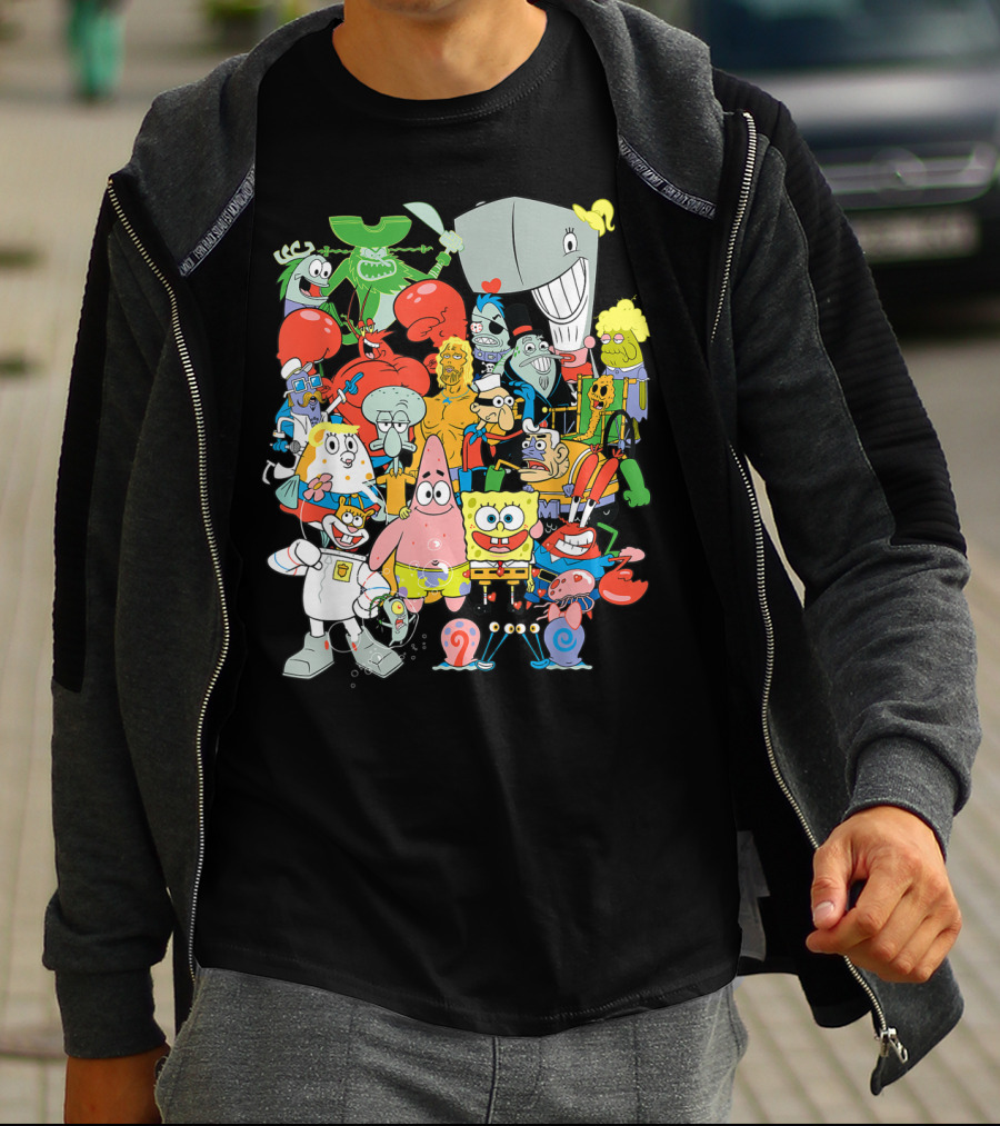 SpongeBob SquarePants Character Collage Featuring Patrick, Squidward, Sandy, Mr. Krabs, Plankton, And More T-Shirt