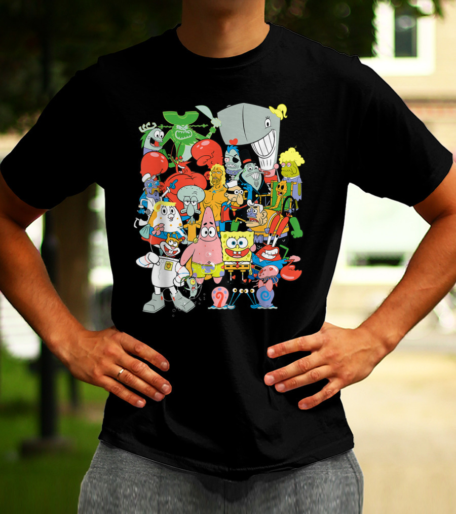 SpongeBob SquarePants Character Collage Featuring Patrick, Squidward, Sandy, Mr. Krabs, Plankton, And More T-Shirt