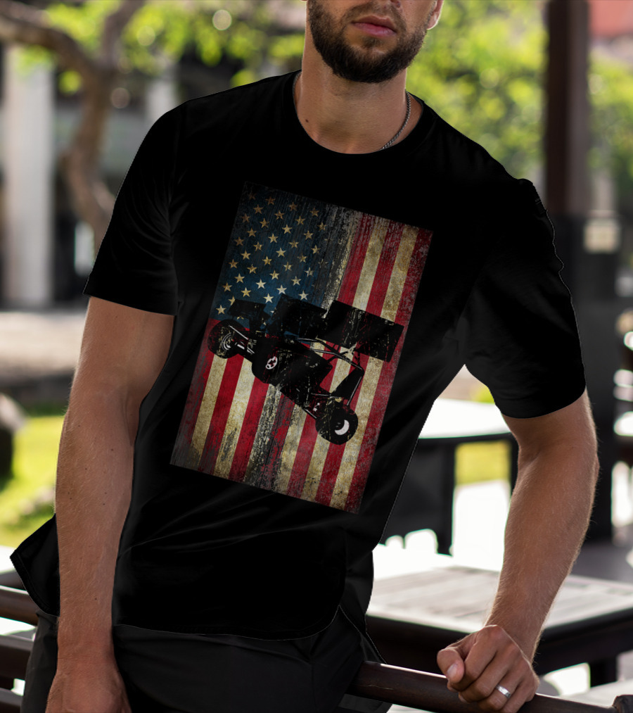 Distressed American Flag With Sprint Car Racing T-Shirt