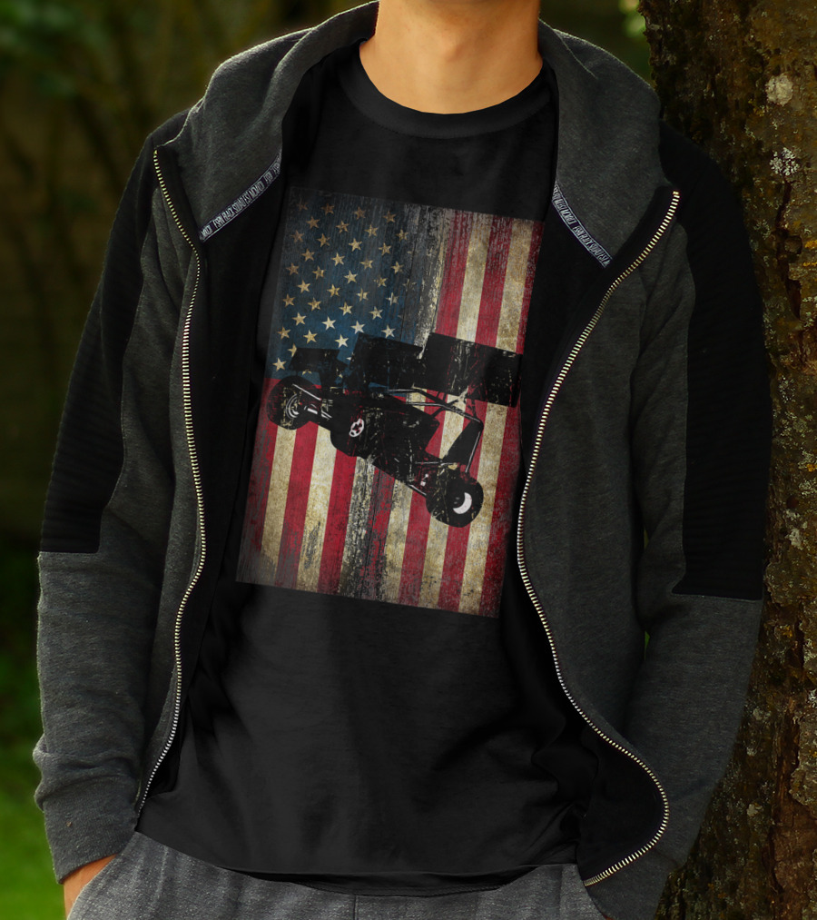 Distressed American Flag With Sprint Car Racing T-Shirt