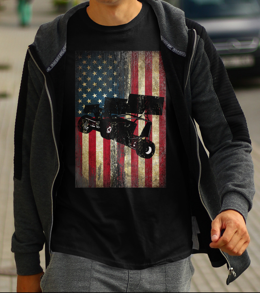Distressed American Flag With Sprint Car Racing T-Shirt
