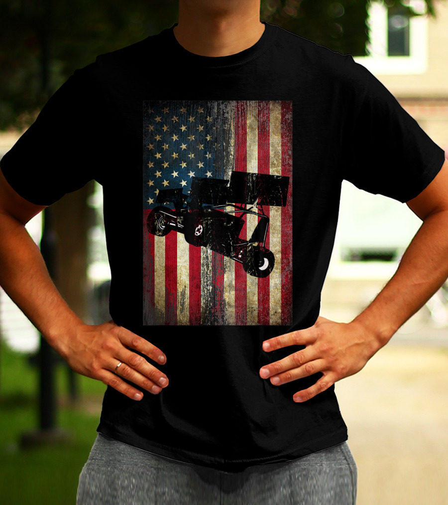 Distressed American Flag With Sprint Car Racing T-Shirt