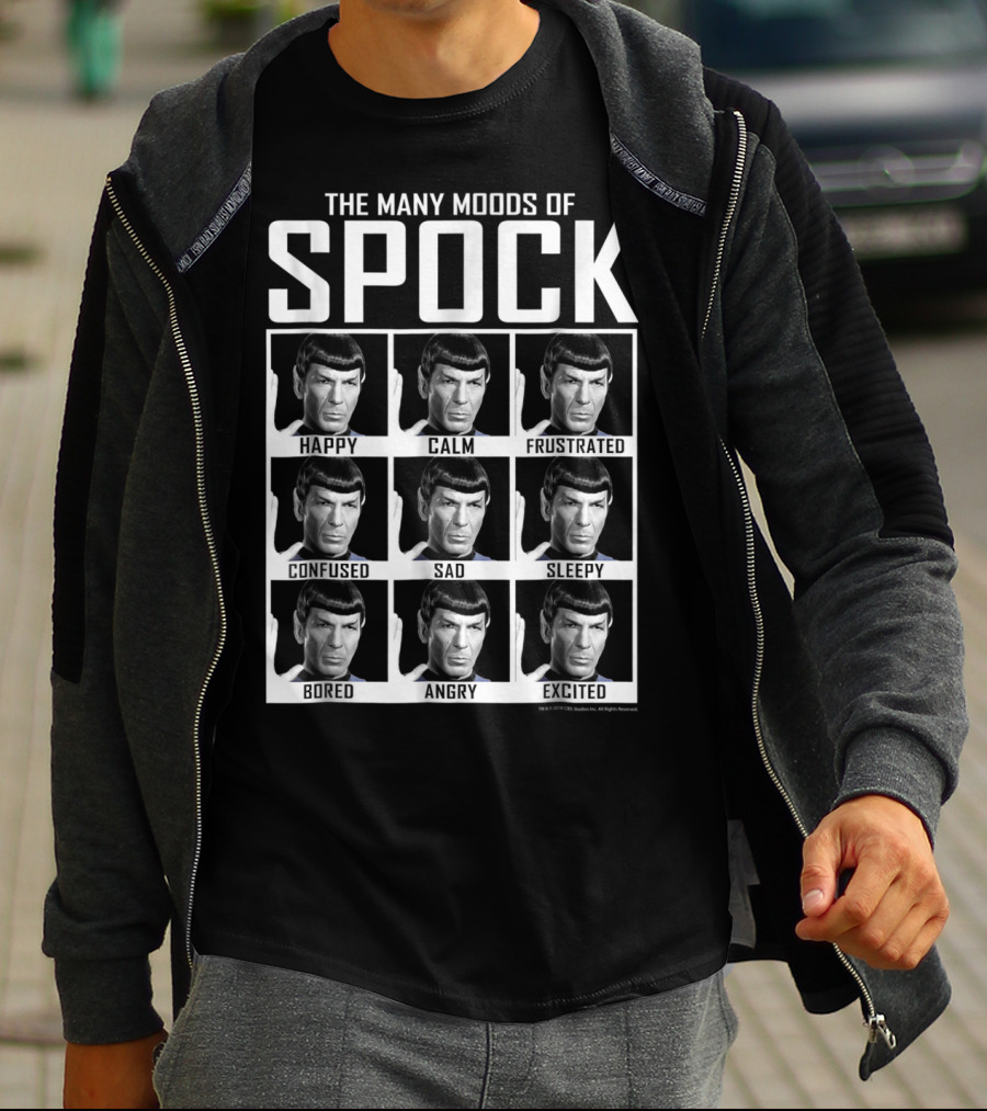 The Many Moods Of Spock: Happy Calm Frustrated Confused Sad Sleepy Bored Angry Excited T-Shirt