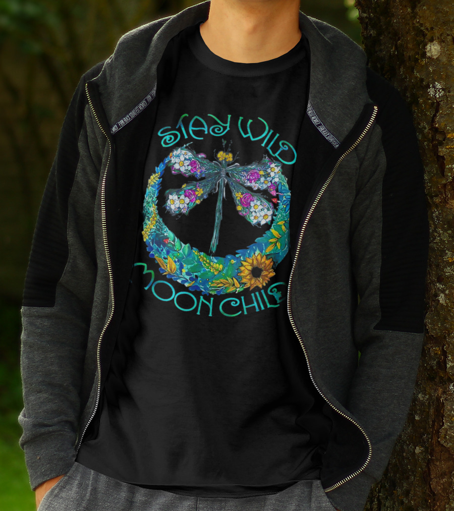 Stay Wild Moon Child Dragonfly In Floral Crescent Moon T-Shirt