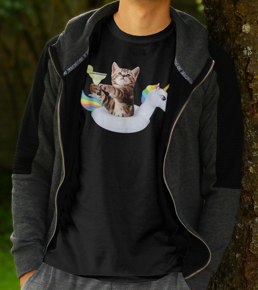Kitty With Margarita On Rainbow Unicorn Float T-Shirt