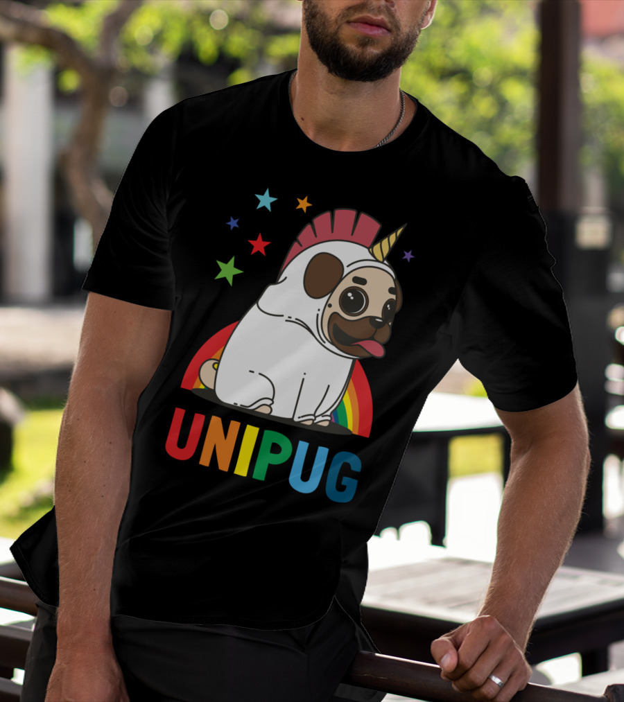 UNIPUG Rainbow Unicorn Pug Dog With Stars T-Shirt
