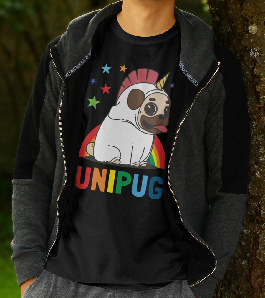 UNIPUG Rainbow Unicorn Pug Dog With Stars T-Shirt
