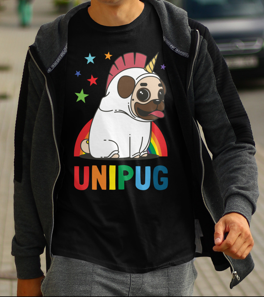 UNIPUG Rainbow Unicorn Pug Dog With Stars T-Shirt