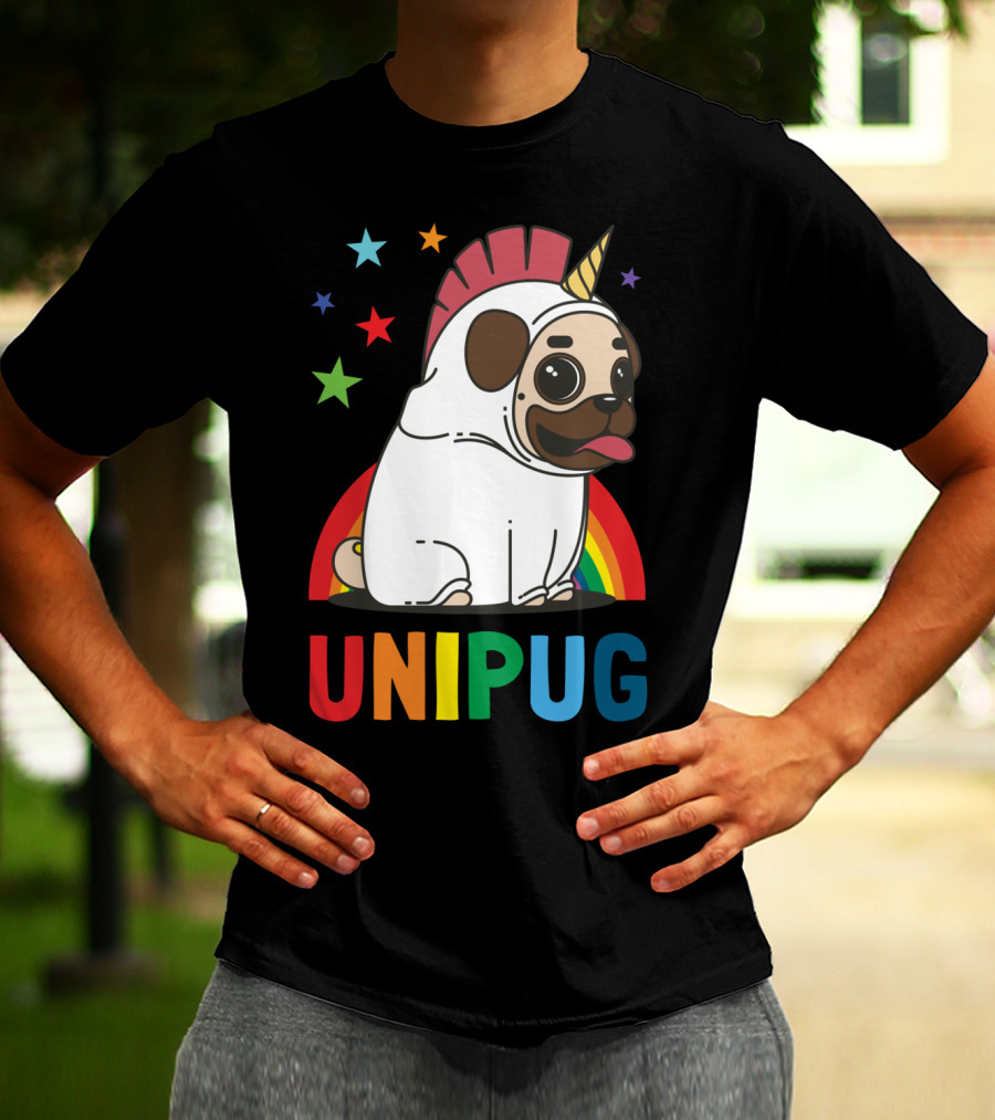 UNIPUG Rainbow Unicorn Pug Dog With Stars T-Shirt