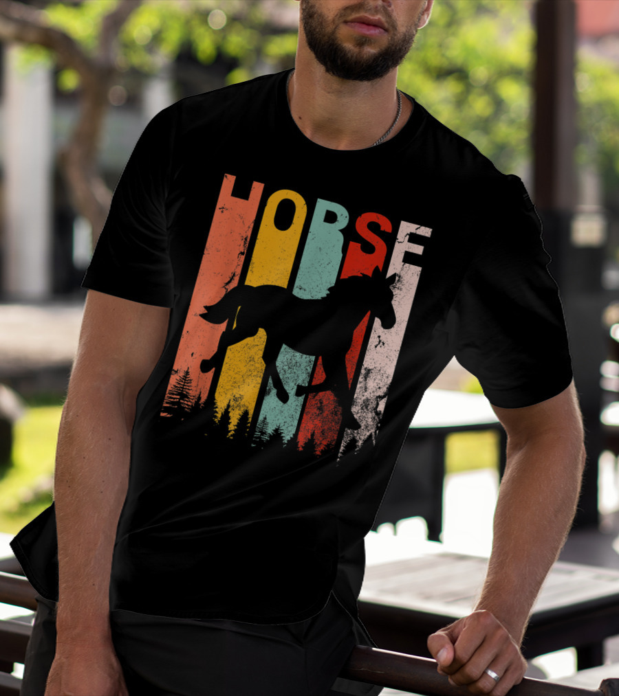 Vintage Style Horse Lover Silhouette With Colorful Stripes And Forest T-Shirt