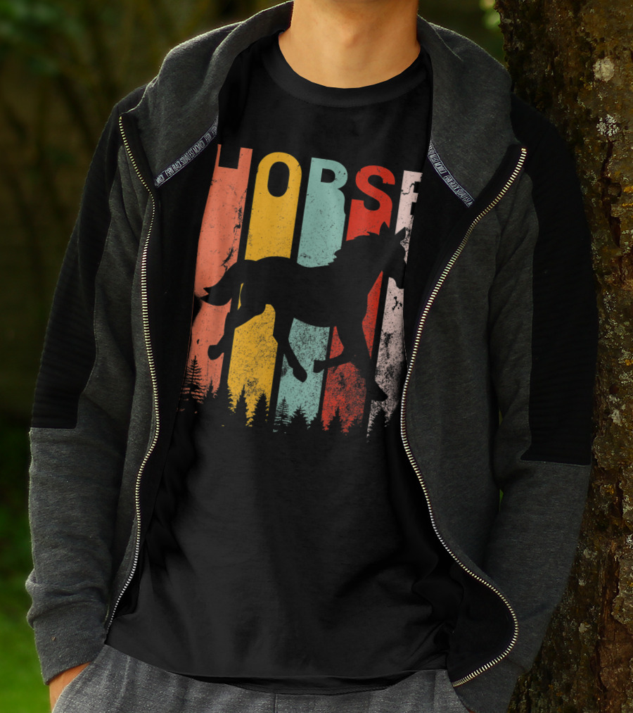 Vintage Style Horse Lover Silhouette With Colorful Stripes And Forest T-Shirt