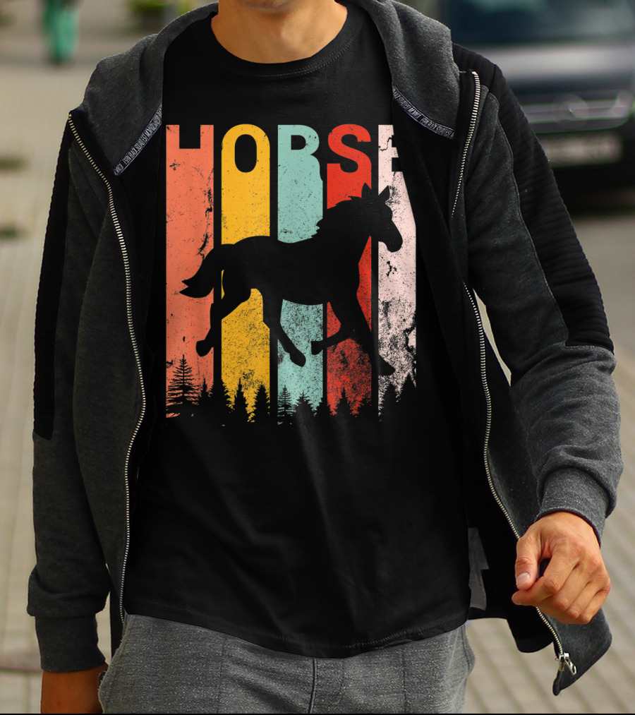 Vintage Style Horse Lover Silhouette With Colorful Stripes And Forest T-Shirt