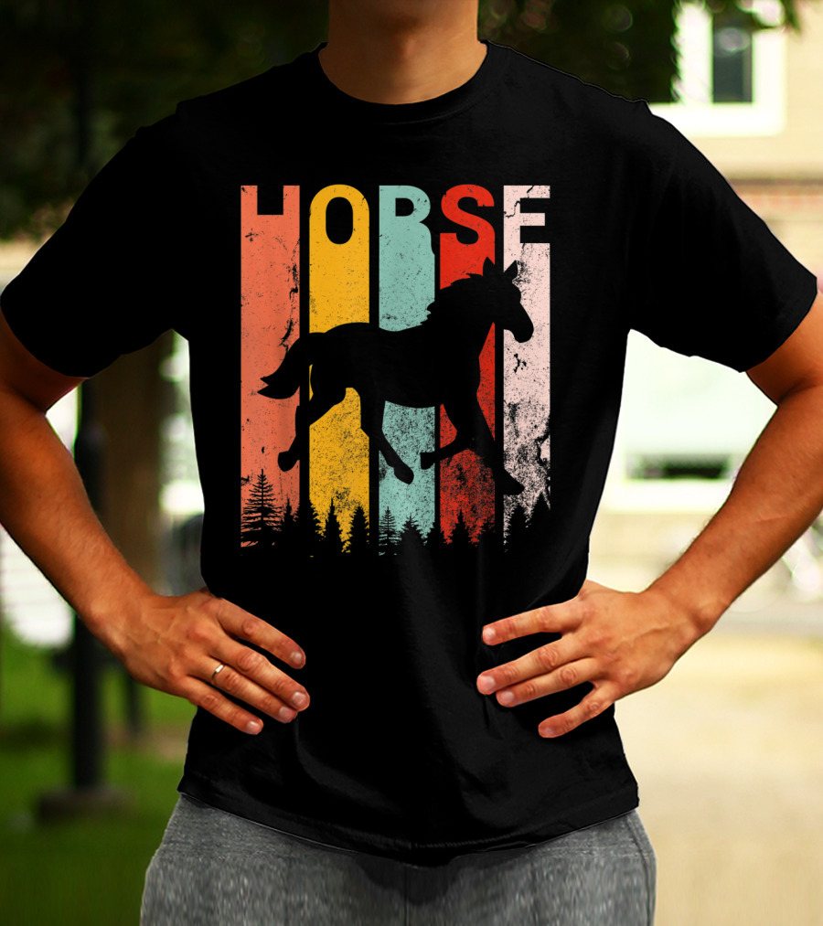 Vintage Style Horse Lover Silhouette With Colorful Stripes And Forest T-Shirt