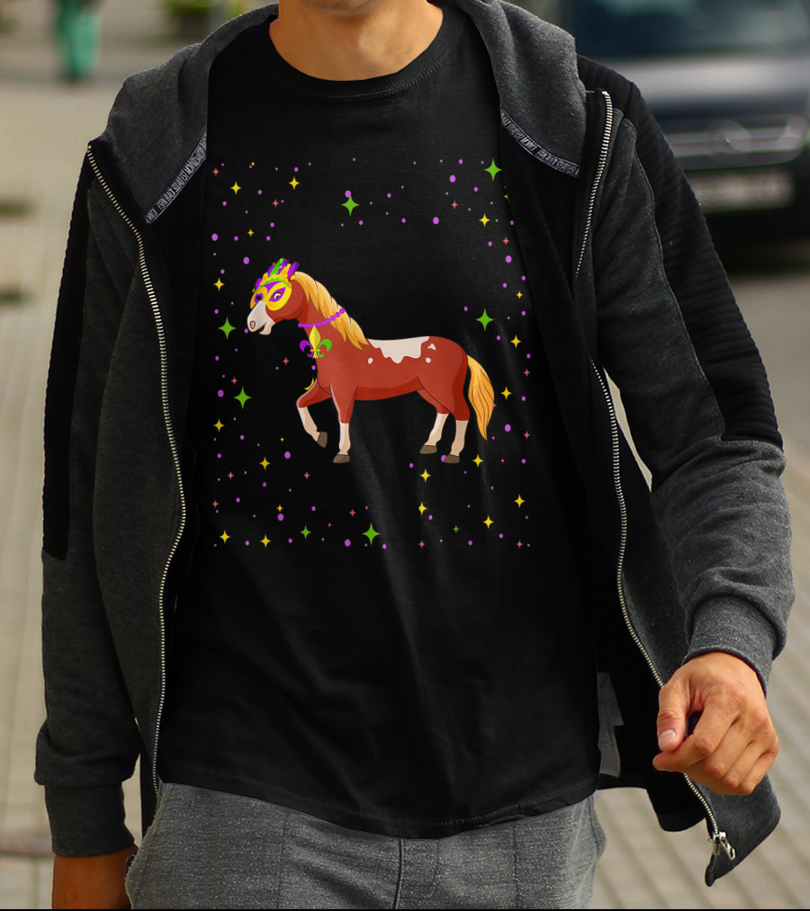 Mardi Gras Horse Wearing Mask And Beads With Colorful Stars T-Shirt