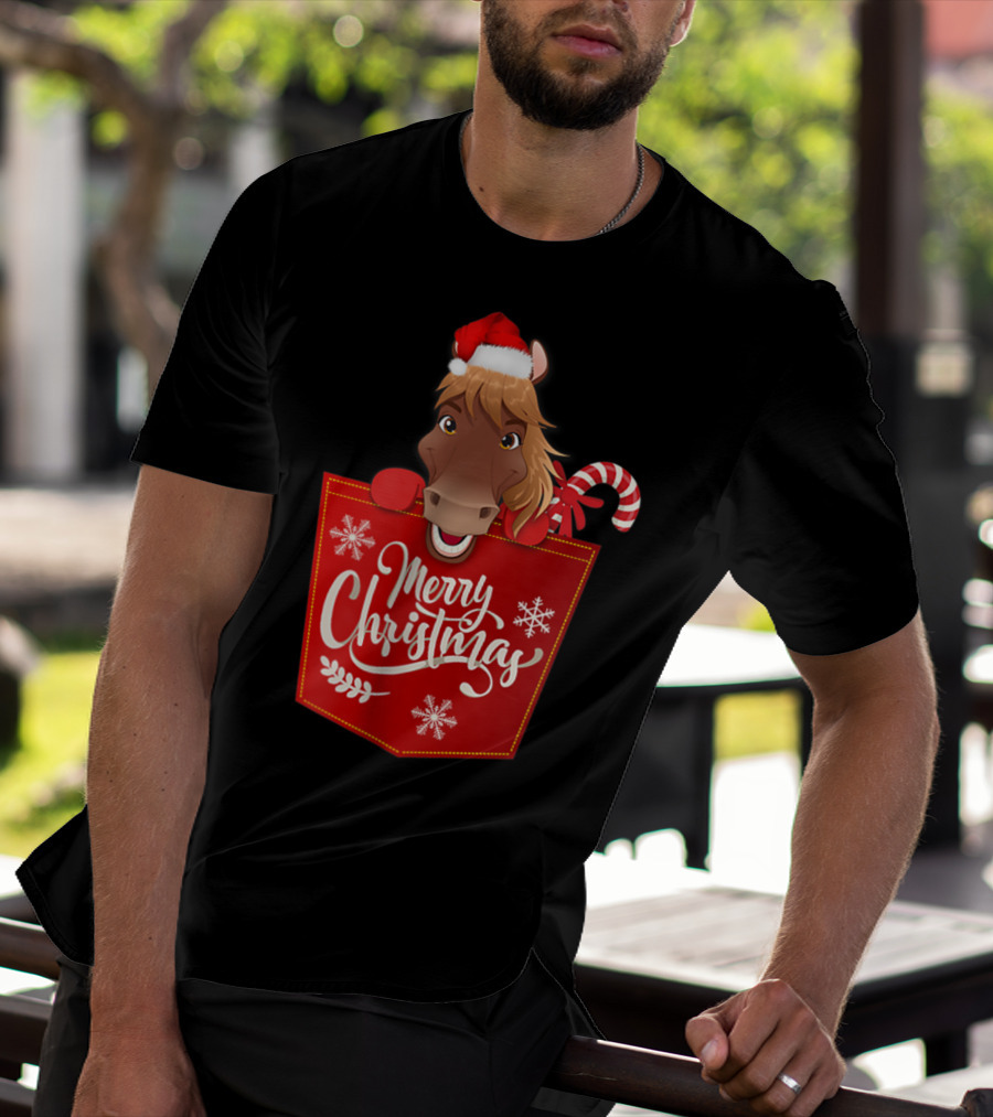 Merry Christmas Santa Hat Horse Candy Cane Funny Pocket T-Shirt
