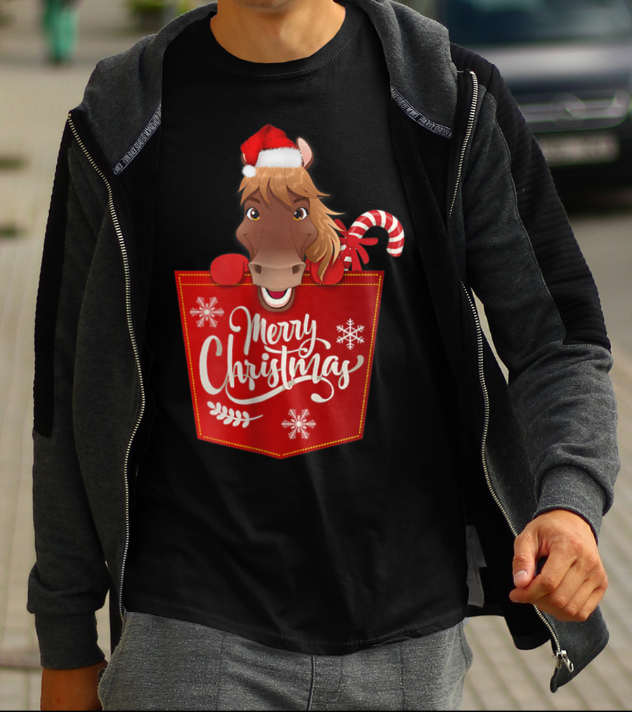 Merry Christmas Santa Hat Horse Candy Cane Funny Pocket T-Shirt