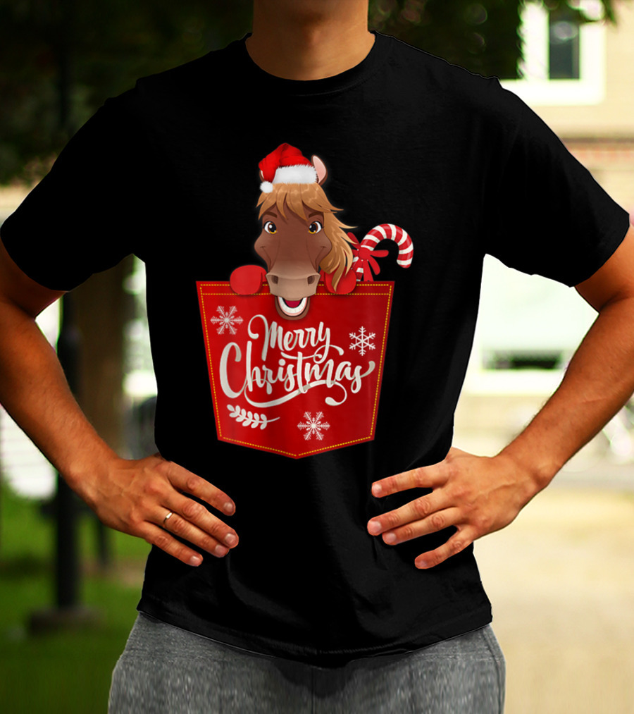Merry Christmas Santa Hat Horse Candy Cane Funny Pocket T-Shirt