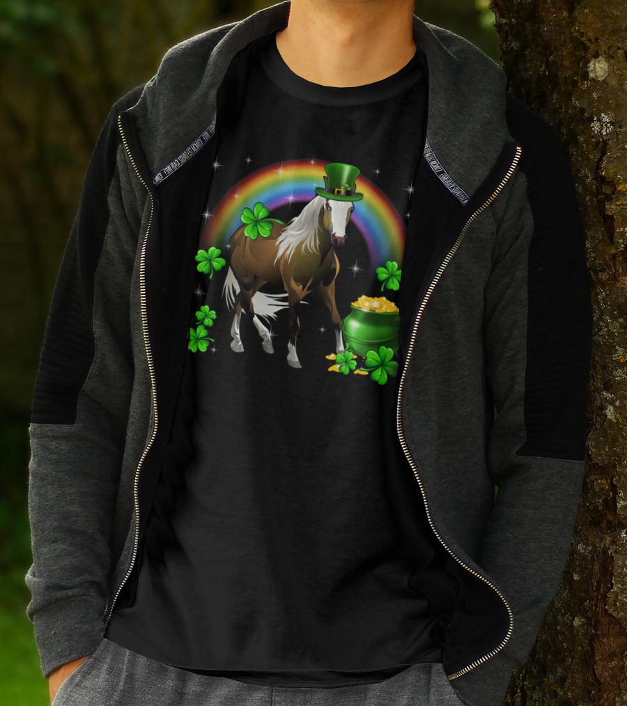 Lucky St Patricks Day Horse With Shamrocks And Rainbow T-Shirt