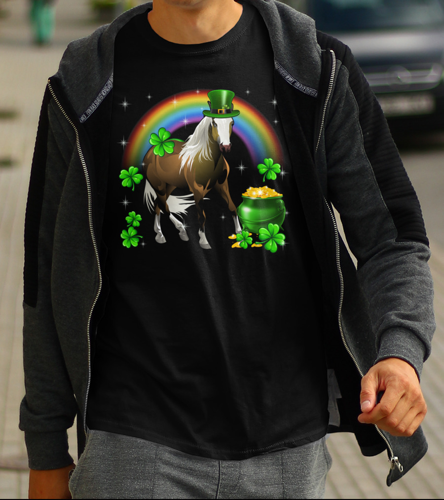Lucky St Patricks Day Horse With Shamrocks And Rainbow T-Shirt