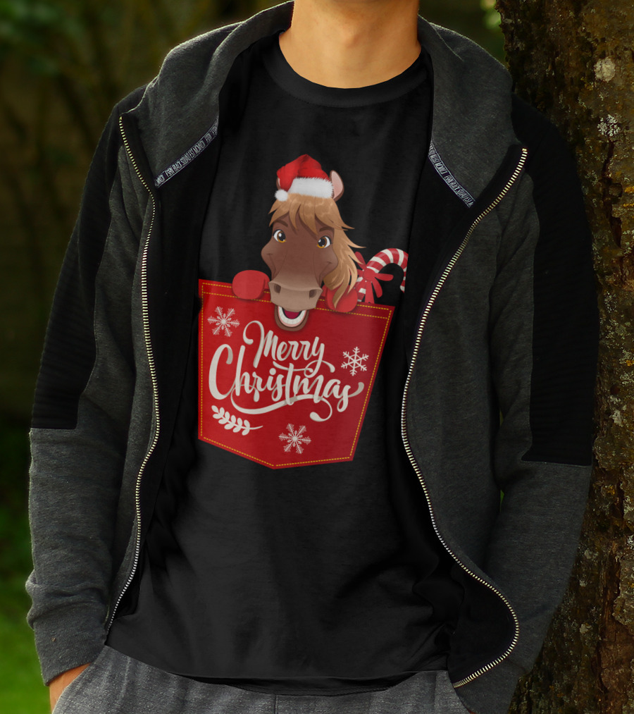 Funny Horse In Santa Hat With Candy Cane Merry Christmas Crewneck T-Shirt