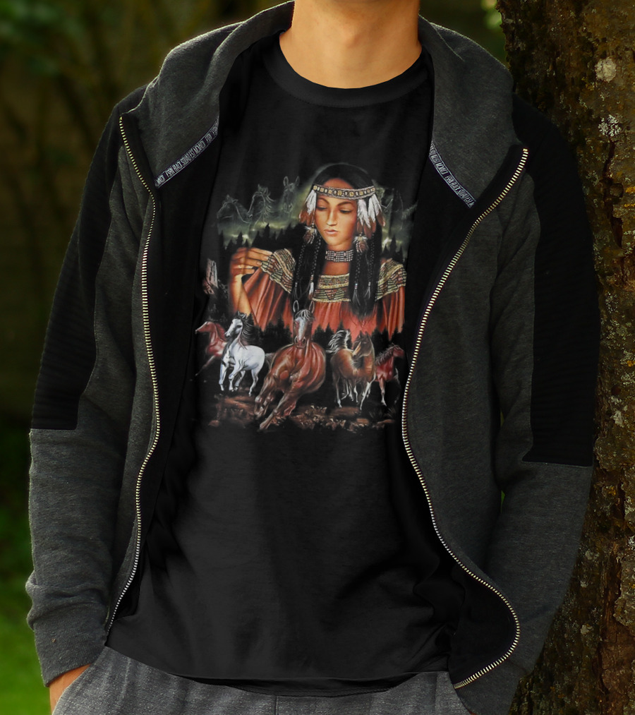 Native American Girl With Horses And Tribal Elements T-Shirt