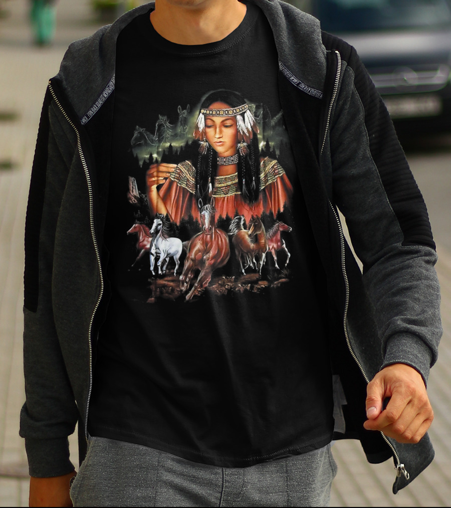 Native American Girl With Horses And Tribal Elements T-Shirt