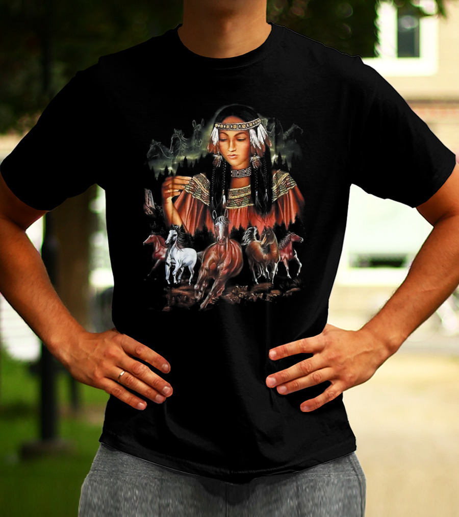 Native American Girl With Horses And Tribal Elements T-Shirt