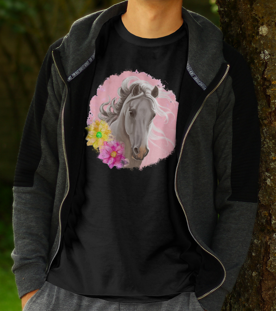 Gorgeous Horse With Vibrant Flowers On Pink Background T-Shirt