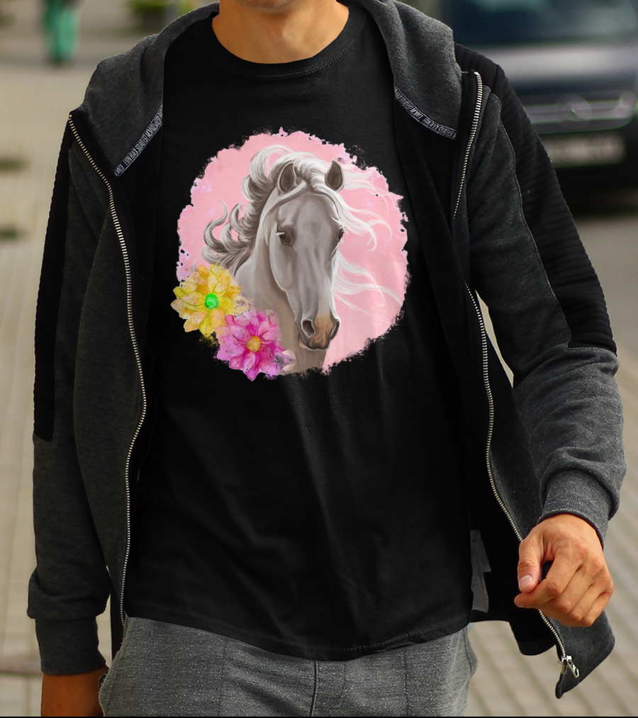 Gorgeous Horse With Vibrant Flowers On Pink Background T-Shirt