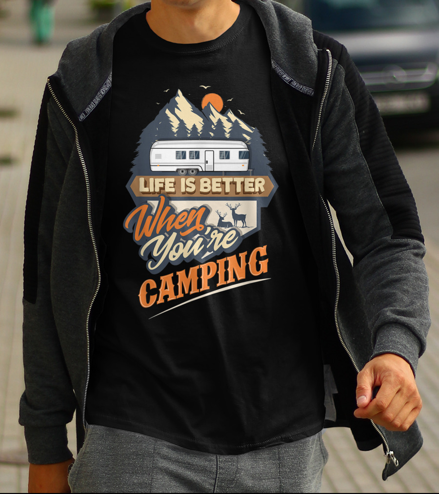 Life Is Better When You're Camping Classic Travel Trailer Scene T-Shirt