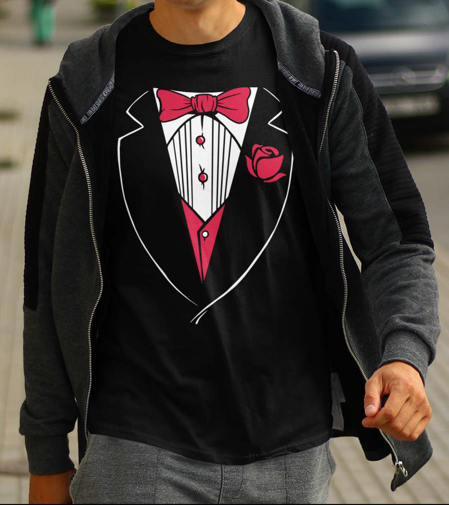 Classic Tuxedo Rose Bowtie Wedding Party Bachelor Costume T-Shirt