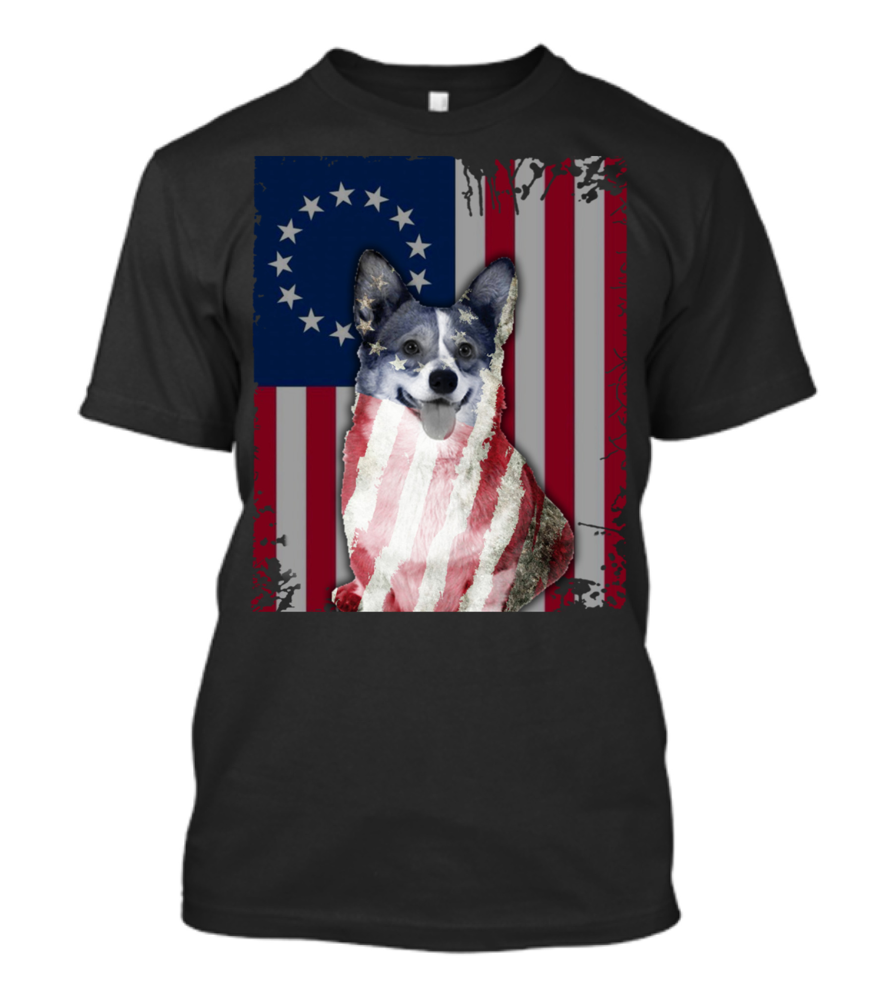 Corgi Betsy Ross US American Flag Costume With Stars And Stripes Background T-Shirt