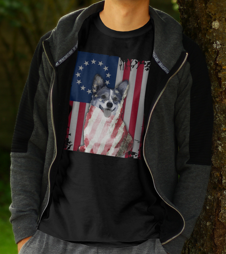 Corgi Betsy Ross US American Flag Costume With Stars And Stripes Background T-Shirt