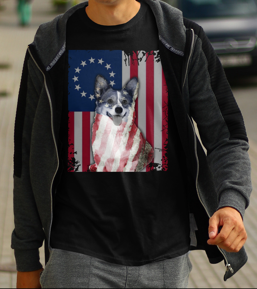 Corgi Betsy Ross US American Flag Costume With Stars And Stripes Background T-Shirt