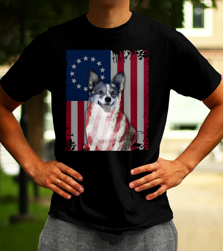 Corgi Betsy Ross US American Flag Costume With Stars And Stripes Background T-Shirt