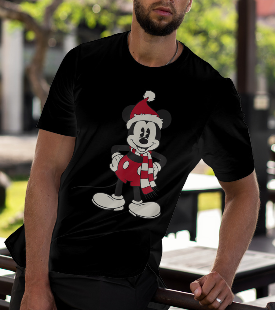 Disney Mickey Mouse Christmas Santa Hat And Scarf T-Shirt