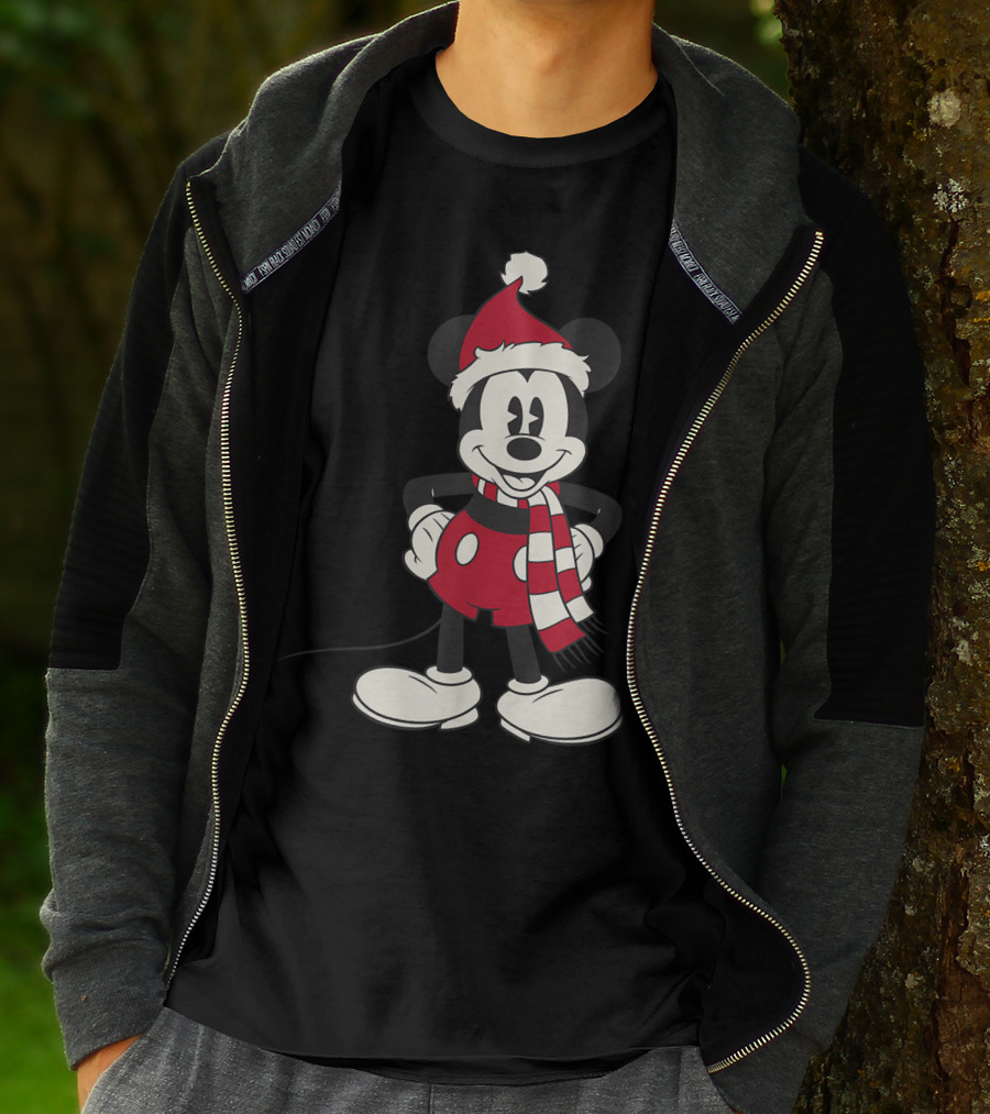 Disney Mickey Mouse Christmas Santa Hat And Scarf T-Shirt