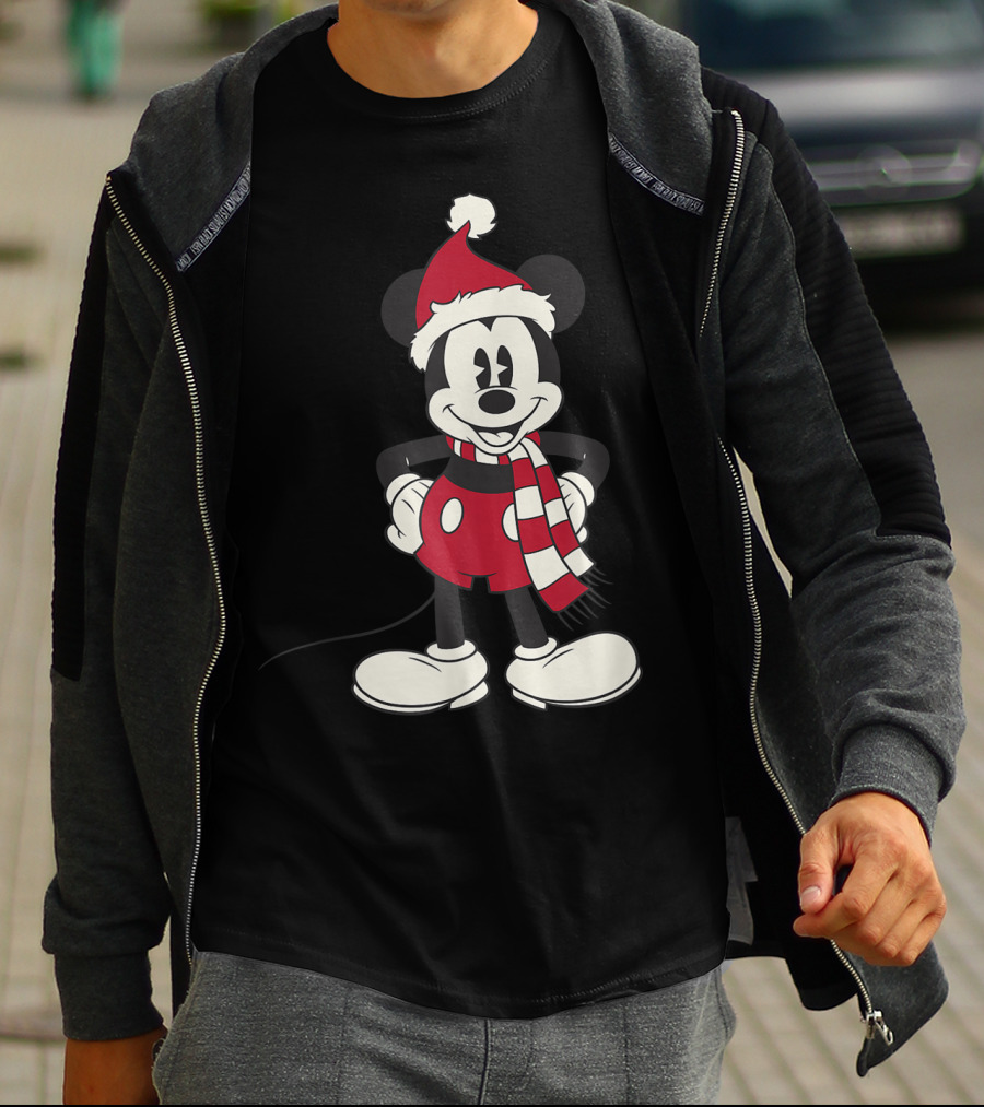Disney Mickey Mouse Christmas Santa Hat And Scarf T-Shirt