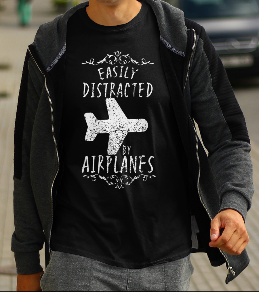 Easily Distracted By Airplanes Pilot Humor F1 T-Shirt